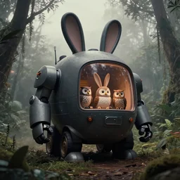 dark night oversized battle rabbit robot chubby fatmech trailer wacky!! ehicle with big ears with rabbit and owl sitting inside, in jungle forest peak, full body, nighttime, cinematic focus, 9 0 s fujicolor photo, vintage, neutral dull colors, soft lights, foggy, overcast by oleg oprisco, by thomas peschak, by discovery channel, by victor enrich, by gregory crewdson