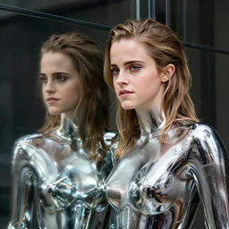 emma watson, statue, chrome, reflect photograph