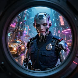 Fish eye lens way too close to the cyborg law enforcement officer's face, cyberpunk background with steampunk vehicles. High action glowing neon lights. Cinematic, Award winning, ultra high resolution, intricate details, rendered with unreal engine, UHD 8K