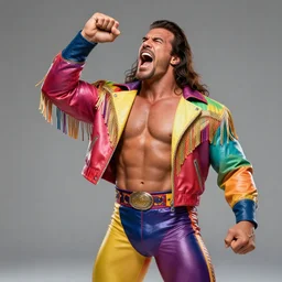 macho man randy savage in multicolored outfit, jacket with tassels, screaming into the air, greg rutkowski, trending on artstation