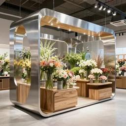 flower retail shop made of stainless steel and wood, future concept design