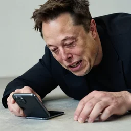 Elon Musk crying because he dropped his mobile phone on the floor.