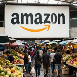 amazon warehouse as informal settlement, big crowds, wet market, fruit stands, eye level, large hand painted amazon logo