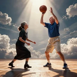 Ruth Bader Ginsberg and John McCain playing basketball in heaven - digital art