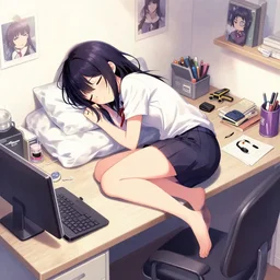 digital!! anime art!!, gamer girl in a messy bedroom sleeping on her desk, wlop, rossdraws, artgerm, ross tran