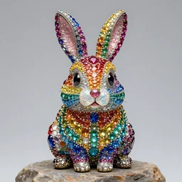 super cute rabbit statue made of individual rainbow gems, getty museum, gem face, on rock, gemstone nose, portrait, made of large rainbow gems, huge ornate gemstones, ruby sapphire emerald opal onyx, artgerm, realistic, roger deakins, annie liebovitz, greg rutkowski, jewelry hamster