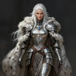 beautiful portrait of a fully clothed female barbarian with white hair, pale blue eyes, looking at camera, D&D, fur cape, full body plated armor, long wild spiky hair, cocky smirk, intricate outfit, elegant, stylish, fantasy, dark fantasy, epic fantasy, extremely detailed, digital painting, artstation, concept art, HD, 8k, smooth, sharp focus, illustration, stunning lighting, art by Artgerm and Ross Tran and WLOP, fully clothed, fully dressed