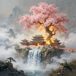 a gorgeous painting by barlowe wayne, maxfield parrish and marco mazzoni. chinese style misty clouds. xanadu chinese temple on a platform that extends over a great waterfall, just one huge tallest magnificent peach blossom tree glowing, bridge. ultra clear detailed. 3 d, octane render. 8 k.
