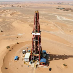 A massive oil derrick in the middle of the sahara desert, dried lake, arid, aerial view