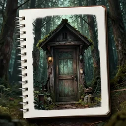 a notepad as front door for a cottage in the woods, trending on artstation, detailed digital art, eerie thriller aesthetic!!!!,