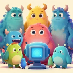 photo cartoon illustration, digital painting, volumetric lighting by feng zhu, 3 d alejandro alvarez alena aenami artworks in 4 k beeple, by thomas kinkade hearstone league of legends dofus overwatch, concept sheet of cute colorful family monster characters for kids assisting a concept machine, big eyes, simple
