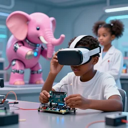 a hyper realistic 3 d render of a black boy kid using a diy vr glasses arduino ; a black girl kid scientist is constructing a pink elephant robot in the background, futuristic, cyberpunk, xenomorphic, arduino, biomechanical, photorealistic, ultra detailed, 4 k, chromatic aberration, dof, cycles render engine