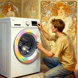 a beautiful illustration of a man painting a washing machine and dryer in rainbow colors, intricate, sharp focus, illustration, highly detailed, digital painting, concept art, matte, art by wlop and artgerm and greg rutkowski and alphonse mucha, masterpiece