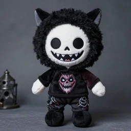 puppet doll, plush, haunted, modern, laughing, dressed in monstrous clothing