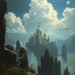 a painting by timofey stepanov, john harris and marco mazzoni. in the distance a gaint magnificent palace floating in the sky. hyper detailed.
