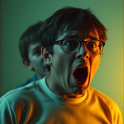 todd solondzas a crazy father in possession by andrzej zulawski, glasses, scared, screaming at boy and crying, seventies film, cinemaic, dramatic, soft light