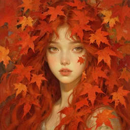 girl with super long hair, hair becoming autumn red leaves, digital painting, detailed eyes, art by artgerm and greg rutkowski and alphonse mucha