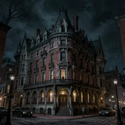 photo of a haunted gothic hotel, 1920s boston overlooking a dark street, lovecraft, paul carrick, photorealistic, dark,  atmospheric lighting, painted, intricate, ultra detailed by Leesha Hannigan, Thierry Doizon, Kai Carpenter, well composed, best on artstation, cgsociety, epic, stunning, gorgeous, intricate detail, wow, masterpiece