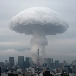 on a foggy morning, cloudy day, there was a mushroom cloud in tokyo, by craig mullins