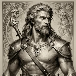 portrait of a rugged ranger, muscular, upper body, D&D, fantasy, intricate, elegant, highly detailed, digital painting, artstation, concept art, smooth, sharp focus, illustration, art by artgerm and greg rutkowski and alphonse mucha