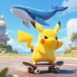 a pikachu but with blue fur, riding a skateboard, in australia, with a flying whale above him