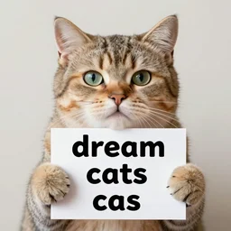 realistic high quality photo of a cute cat holding a sign with text that reads : dream caaats, cats, cas