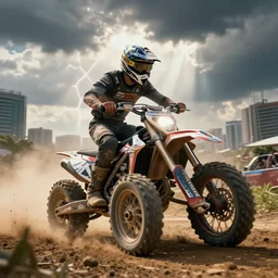 off - road race in a city, vray rendering. lightning, cinematic lighting, clouds. kim hyung tae, sunny pandita.