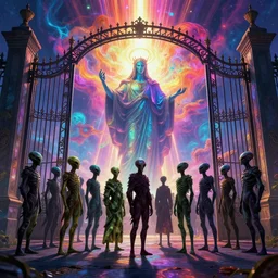 [ palate ] [ vibrant colors ] lost alien souls congregating and waiting in line at a giant iron gate, vibrant neon nebulous clouds, radiant light rays, photorealistic illustration, intricate and fine details, volumetric lighting, artstation, god figure at the gate - w 1 0 2 4