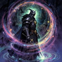 side profile, deathknight, gloomhaven, luminescent, colorful swirly magic ripples, by greg manchess, huang guangjian, gil elvgren, sachin teng, greg rutkowski, jesper ejsing, ilya kuvshinov