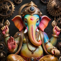 awardwinning photo of a steampunk ganesha, the face is covered with multicolored glowing digital displays, wearing a glowing blue and golden metallic aztec helmet with multicolored cables and shiny metallic gears, 3 d render, crisp, 8 k, fluorescent colors, nikon photography