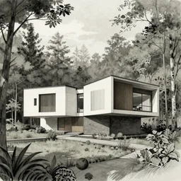 intricate hand drawn Architectural Illustration of modern house in the forest, muted color