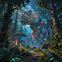 A beautifulc cinematic render of the great african forest in the night, highly detailed afrofuturism style, vibrant bright cyberpunk color scheme, sharp, well focused, volumetric lighting, artstation HD, 8K