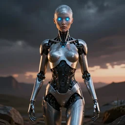 an attractive cyborg female clone with laser eyes and full body paint, cinematic lighting