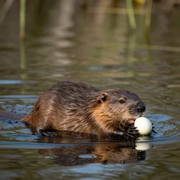 A beaver eating a scotch egg, while floating on its back in a lake