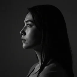 a profile portrait of a woman. ultra contrast. black and white. center in frame.