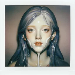 a liquid porcelain portrait of a girl face melt down, realistic detailed photography polaroid