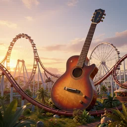 unreal engine render, a giant roller coaster and a ferris wheel in the background, a giant guitar, cinematic, sunset, fantasy, 8 k, trending on artstation