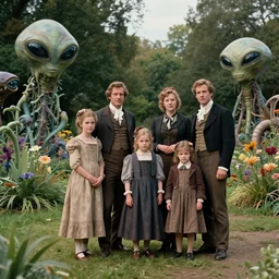 sharp, highly detailed, 435456k film, 1612800mm film still from a sci fi blockbuster color movie made in 2019, set in 1860, of a family standing in a park, next to some strange alien plants and flowers, on an alien planet, the family are all wearing 1860s era clothes, good lighting, good photography, ultra high definition, in focus, 35mm macro