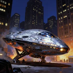 low angle of a large shiny extraterrestrial spaceship on the ground in new york city, in the style of frank frazetta and h. r. giger, ultra realistic, atmosphere, glow, detailed, intricate, colorful, cinematic lighting, trending on artstation, 4 k, hyper - realistic, immersed, extreme details, cinematic, masterpiece