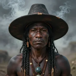 a beautiful matte painting of an indigenous man with black skin with a large hat, surrounded by smoke, fantasy art, matte painting, highly detailed