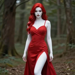 picture of a female pyromancer in the woods, elegant red dress, long side open skirt, white skin, red hair, red lipstick, blue eyes, fire everywhere, high fantasy, dnd, highly detailed, detailed face, manga illustration, by artgerm, greg rutkowski, alphonse mucha