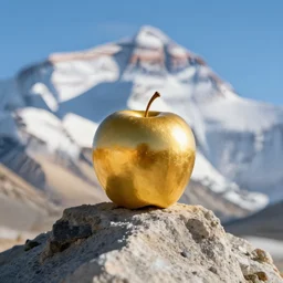 a golden apple is sitting on the peak of mount everest, clear focus, bokeh effect, high res