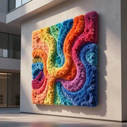 : colorful abstract fuzzy sculpture on the wall in modern architecture, cinematic lighting, hyper - realistic, detailed, render by c 4 d octane, unreal engine, 8 k 3 d render