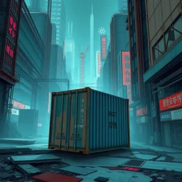 1 9 7 9 a shipping crate by an abandoned industrial zone of neo - tokyo. in cyberpunk style by vincent di fate
