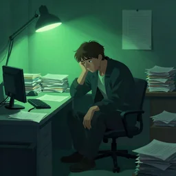moody illustration of alex jones in a depressing small office room with green light and tons of documents stacked up
