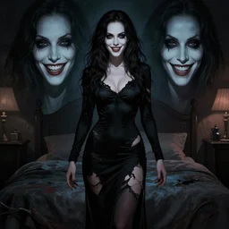 in the style of diego fazio, gorgeous alyson hannigan, evil dead movie, full body shot, torn black dress, evil smile, spooky, illustration, symmetrical face realistic symmetrical eyes, bedroom setting, charlie bowater, artgerm, cinematic lighting, evil dead, undead demon, hyperdetailed