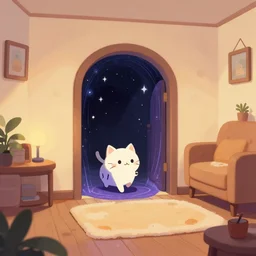 basement cat opening a magic portal inside a cozy living room, digital illustration, artstation, artstation hq, hd