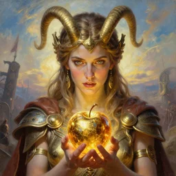 trojan war battlefield, closeup portrait of eris discordia, holding an glowing! reflective gold!!! metal apple, goddess of chaos, fantasy character portrait, ultra realistic, wide angle, intricate details, artifacts, luminous skies, michael cheval, peter mohrbacher, boris vallejo, jessica rossier, oil painting, highly detailed, cinematic lighting, unreal
