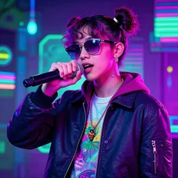 beautiful nerd raps into microphone, hip hop, vaporwave, abstract, neon, photo, detailed, 4k