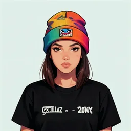 digital art, portrait, skater girl wearing a colorful beanie and black t - shirt, centered, trending on artstation, gorillaz ( band ), art by jamie hewlett, 4 k